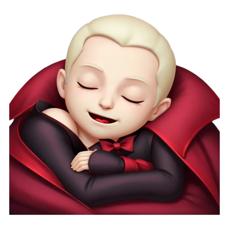 Meme-Worthy Cute Sleeping Vampire Portrait Emoji, with a refined, small, pale face softened by closed, serene eyes and a slight, peaceful smile, adorned in miniature elegant dark attire with a hint of fading crimson, simplified yet irresistibly adorable, highly detailed with a soft ethereal outline that captures the drowsy charm of a vampire in quiet nighttime slumber! sticker
