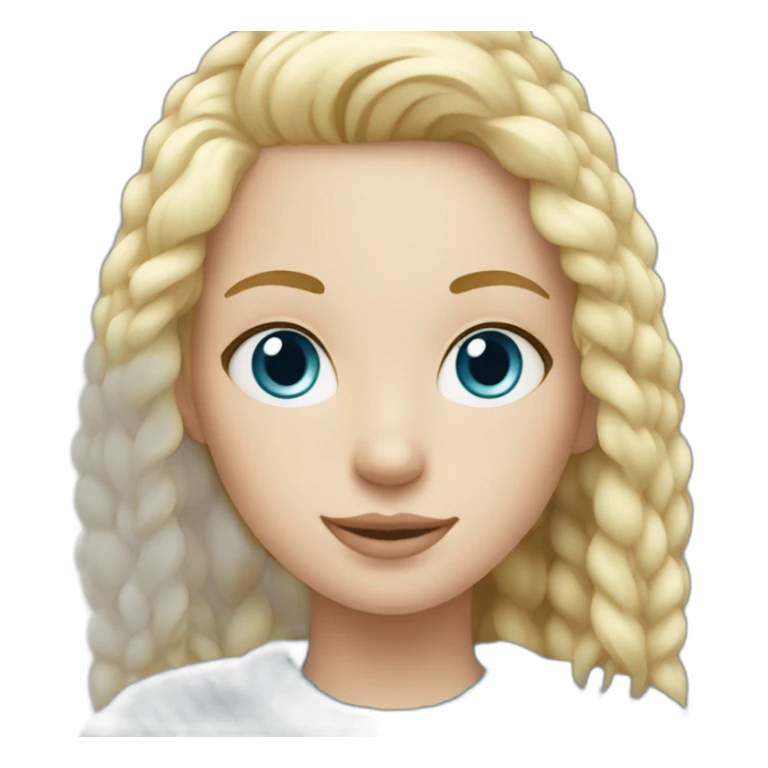 Blonde girl in blue sweater and with white cat sticker