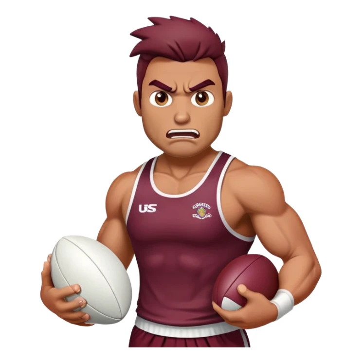 Angry bronco holding  white rugby ball wearing maroon singlet sticker