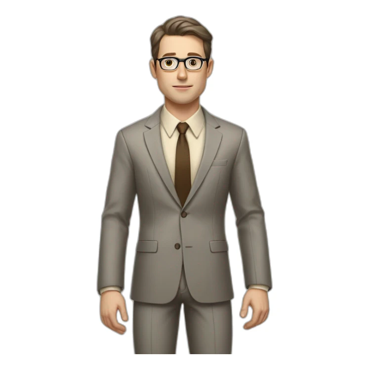 Full height Actively Gesturing Pale skinned fit man with dark brown hair in gray jacket, beige office shirt, brown tie, brown pants and vintage glasses. sticker