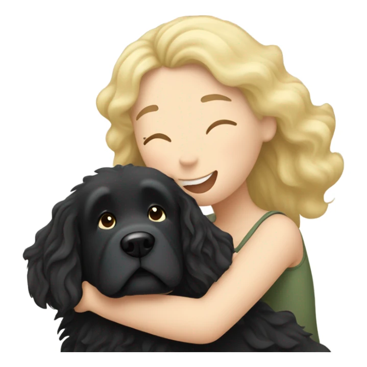 fluffy black Newfoundland dog hugging woman with wavy blond hair  sticker