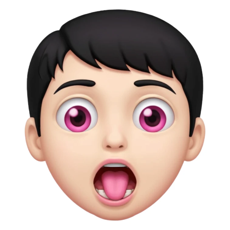 Boy with black hair, pink eyes rolled back, mouth open , drool dripping from chin sticker