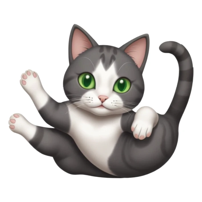 beautiful female solid dark grey cat with green eyes, white toes/paws and white patch on her chest playfully rolling upside down sticker