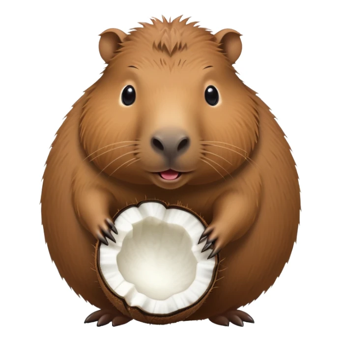 A cute capybara with a round coconut-shaped body, brown and hairy like a coconut sticker
