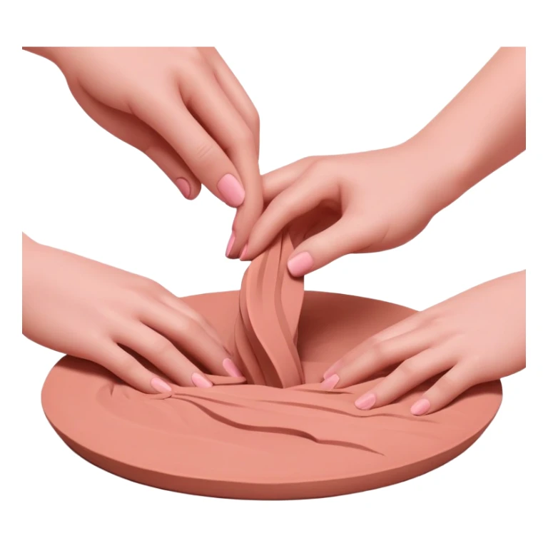 hands wedging a pink clay on a table, pressing and folding the clay sticker
