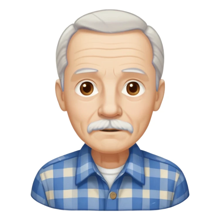 Elderly man with light skin. Elongated face with kind expression. Light brown eyes. Thin eyebrows. White goatee and white mustache. Gray-white hair combed back. Wearing a blue and beige checkered button-up shirt. sticker