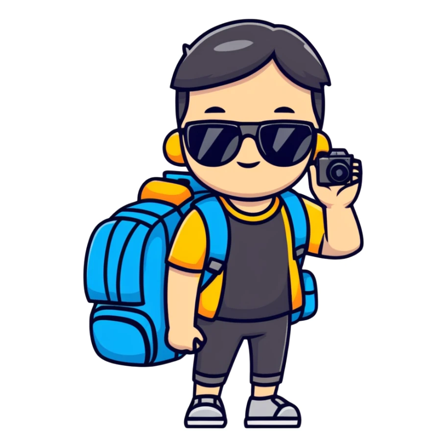 Asian tourist with backpack taking photos, sunglasses sticker