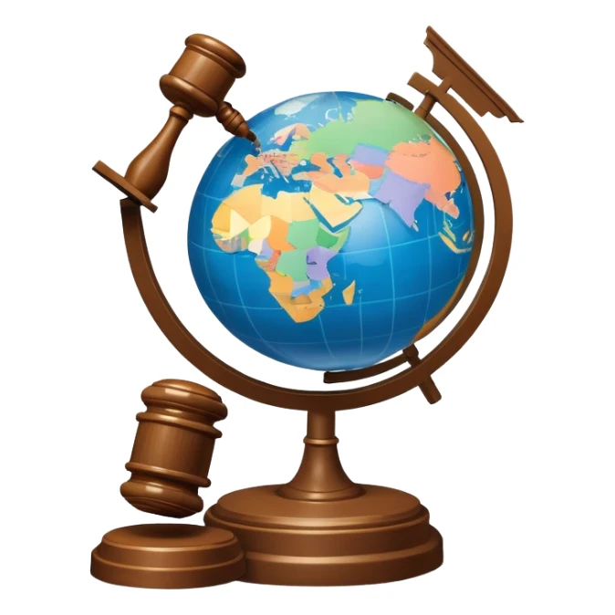An icon featuring a globe with a gavel and a political map, symbolizing political science. The design includes a ballot box and a podium, representing democracy and governance. Transparent background highlights the study of political systems and global relations. sticker