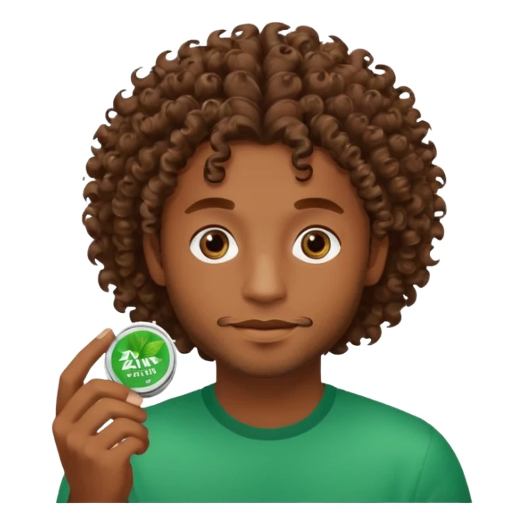 Man with Curley brown hairholding Zyn spearmint snus sticker