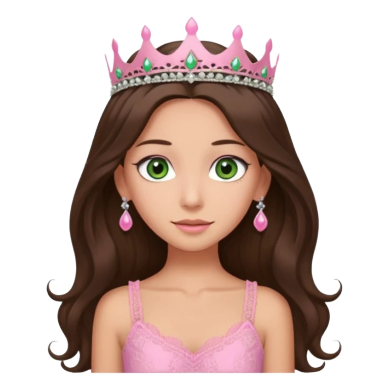super long haired brunette with middle part cute pink lacy tank with a pink tiara on head, white but tan green eyes  sticker