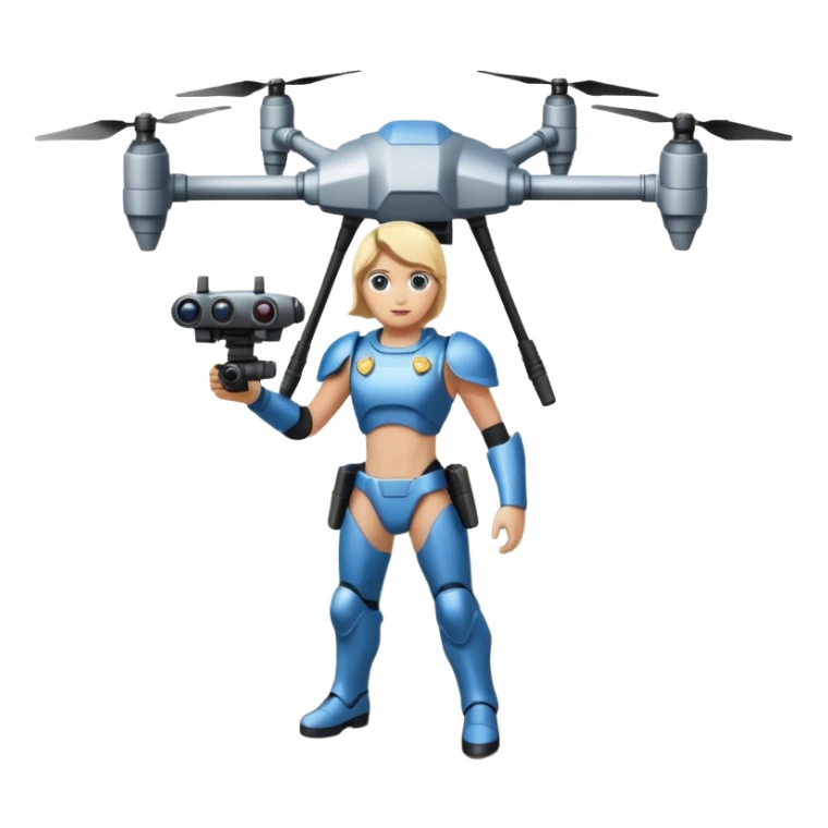 Un photographe high tech, une armure de terrain à la super héro. Il a des appareils photos, des caméras embarquées et un drone  sticker