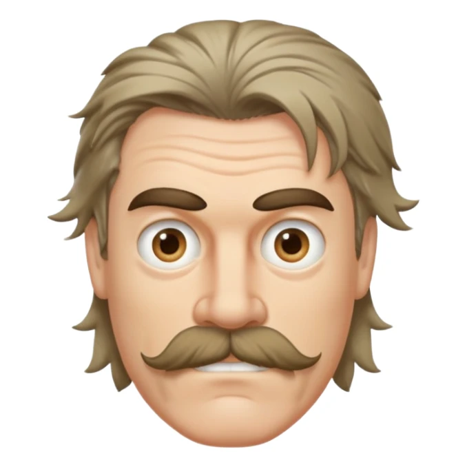 ugly white man. Eyes different sizes. unkept mustache and short hair. long hair in back. dirtbag mullet. messy sticker