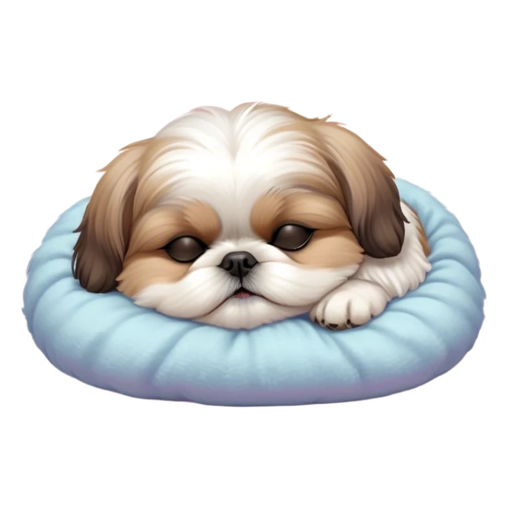 Meme-Worthy Cute Sleeping Shih Tzu Portrait Emoji, Head resting peacefully with a tender, contented smile and eyes delicately closed in serene slumber, showcasing a luxuriously fluffy fur in soft pastel tones, simplified yet irresistibly adorable, highly detailed, glowing with a warm, drowsy radiance, high shine, exuding calm, cozy charm, styled with a gentle, soft glowing outline, capturing the essence of a sleeping Shih Tzu that radiates utterly adorable, sleepy bliss! sticker