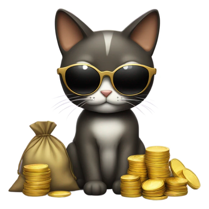 cat in brutal dark glasses with a bag of gold coins sticker