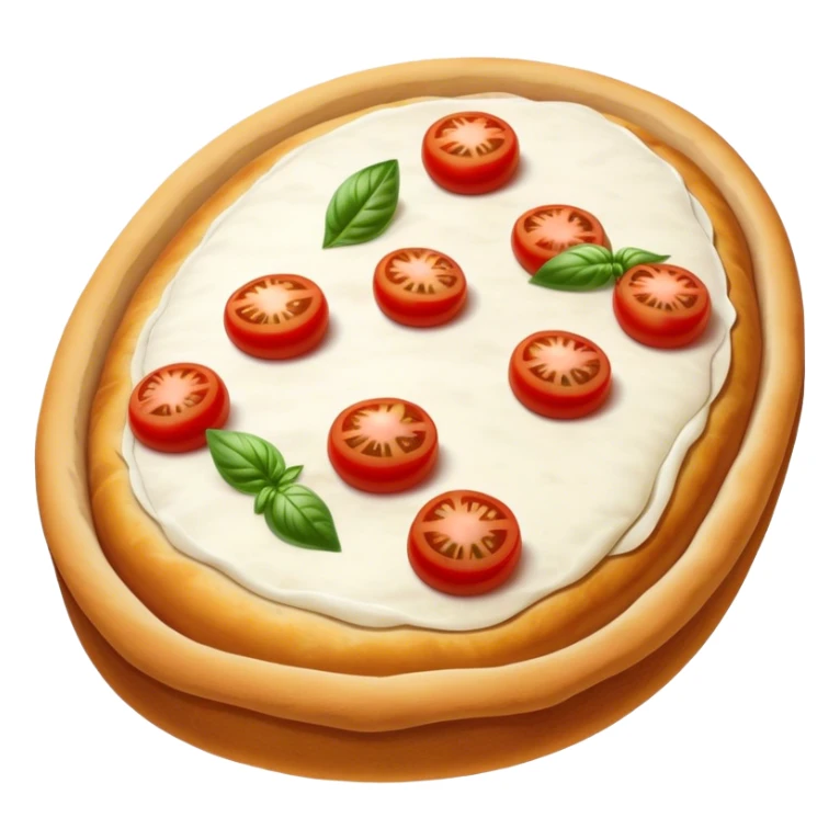 Icon of an oval-shaped Pinsa with a thick, airy crust, lightly topped with cherry tomatoes, mozzarella, and basil. Uneven, golden-brown edges to emphasize its rustic, artisanal look. sticker