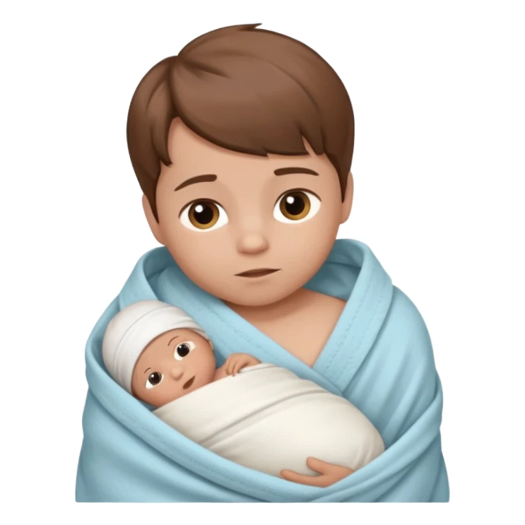 A new born baby boy wrapped in a swaddle with brown hair sticker
