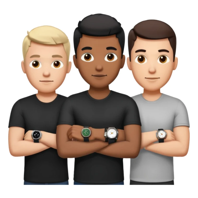 4 different men wearing black strap watches on their wrists portraits, head and shoulders only, watches clearly visible on arms, diverse face shapes and skin tones, 3D cartoon, mobile game icon style, clean background, no text, no watermark
 sticker