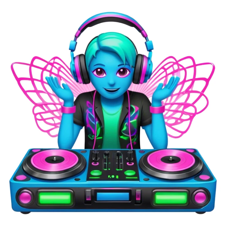 Create a dynamic and modern emoji that represents electronic music and DJing. The design should feature a DJ controller with two vinyl turntables, DJ headphones, and glowing sound waves or a waveform to symbolize the energy of mixing and electronic beats. Use vibrant neon colors like electric blue, neon pink, or green to represent the futuristic and pulsating nature of electronic music. Add subtle details of flashing lights or abstract patterns to evoke the nightclub or festival atmosphere. The background should be transparent. sticker