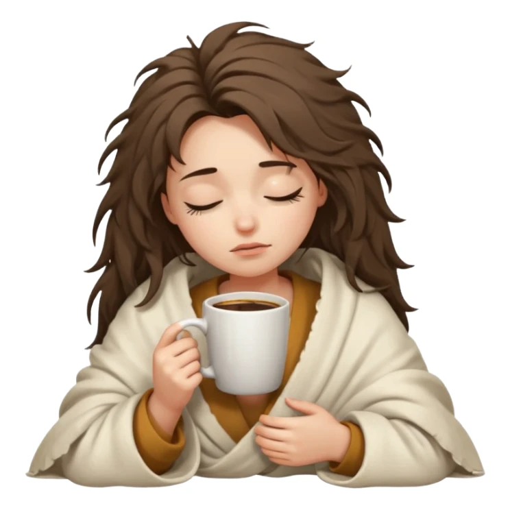 girl inside a offwhite blanket holding a coffee mug eyes closed, looking sad sticker