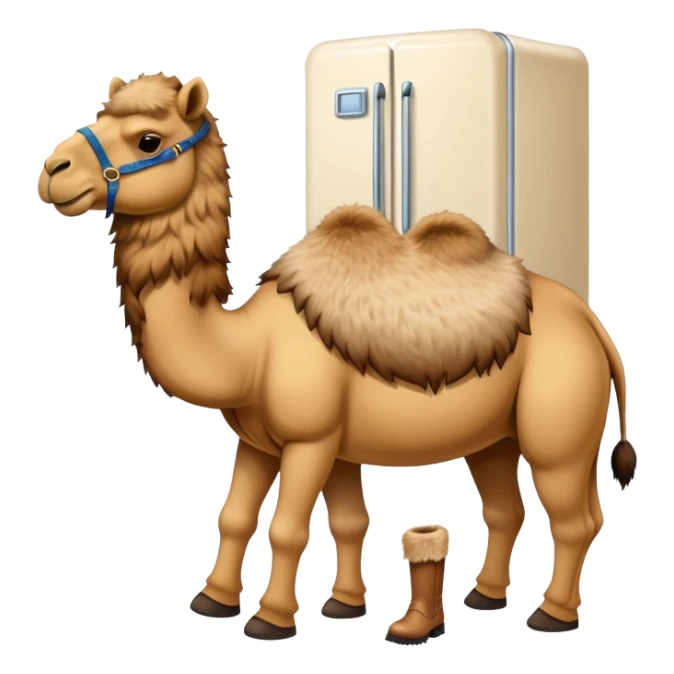 A white refrigerator with a camel head sticking out from the top and four camel legs with Timberland boots coming out from the bottom sticker