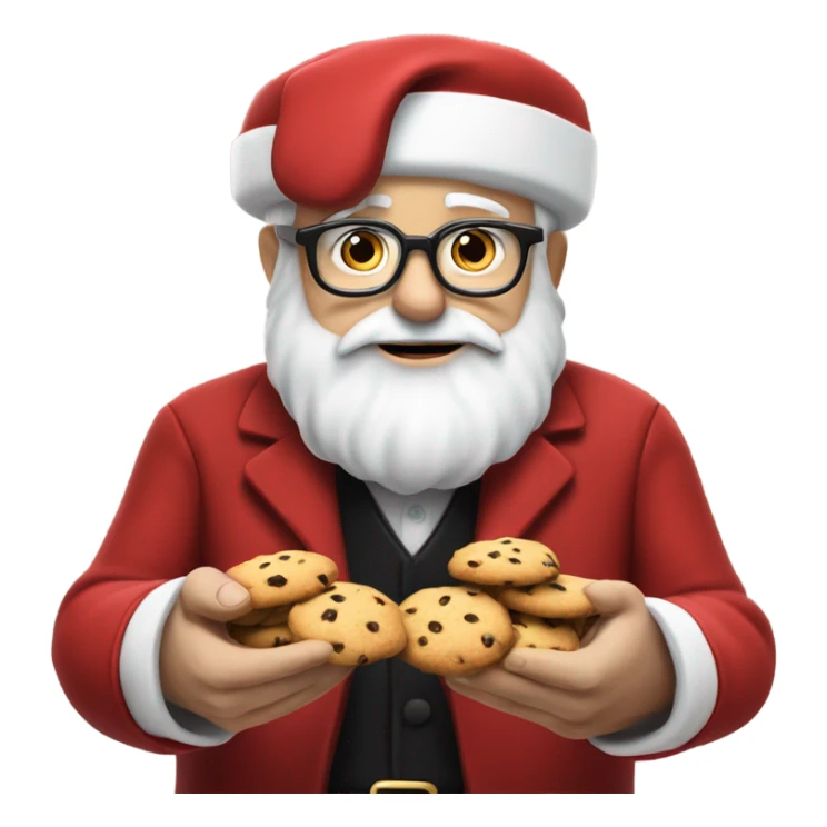 An old white man with a big white beard and small black glasses, wearing a red hat with a white pom pom atr the end, wearing a red suit with black gloves with a black gold belt is eating choclate chip cookies sticker