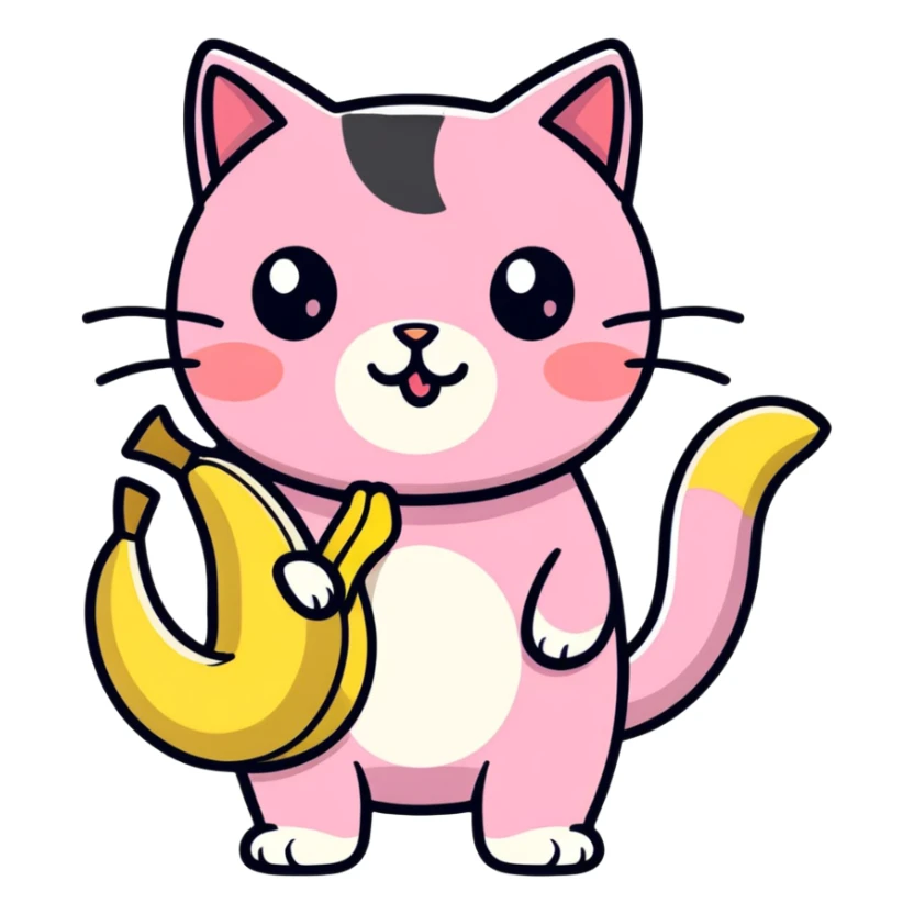 A pink cat with a banana in its mouth sticker