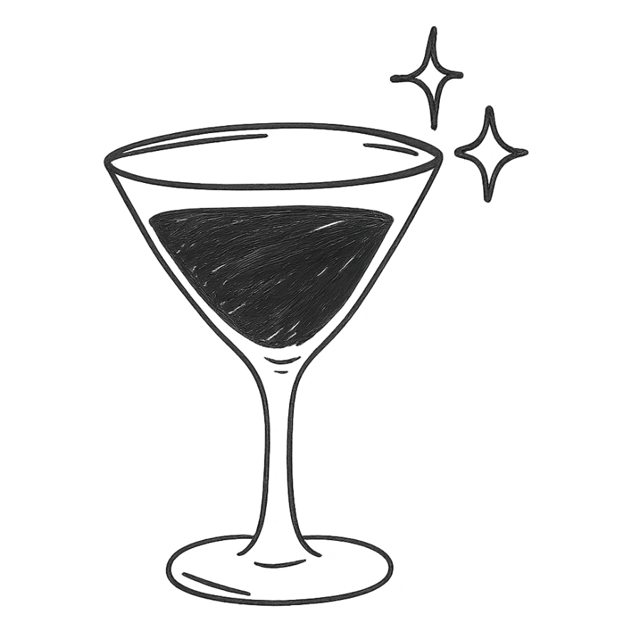 cocktail glass with burgundy drink and a sparkling effect, hand drawn style sticker