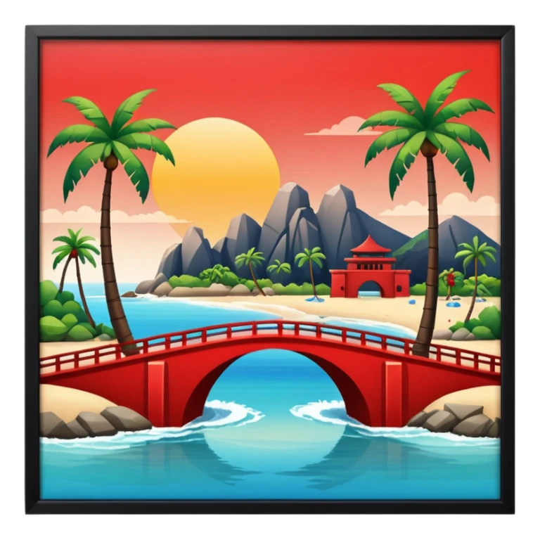  island with contemporary architecture, beaches with palm trees, and a red bridge on one side sticker