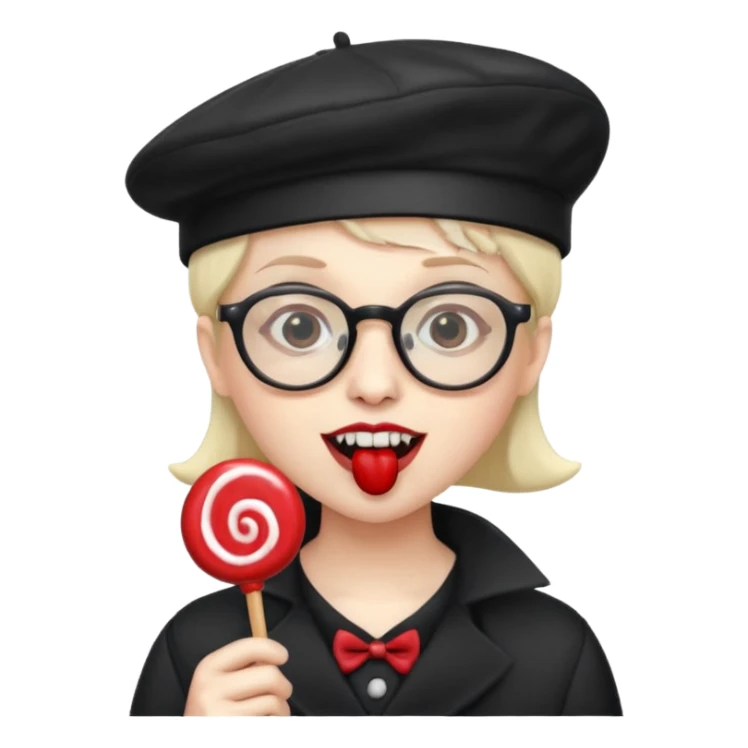 Vampire with lollipop, beret and glasses, teeth looks like vampire sticker