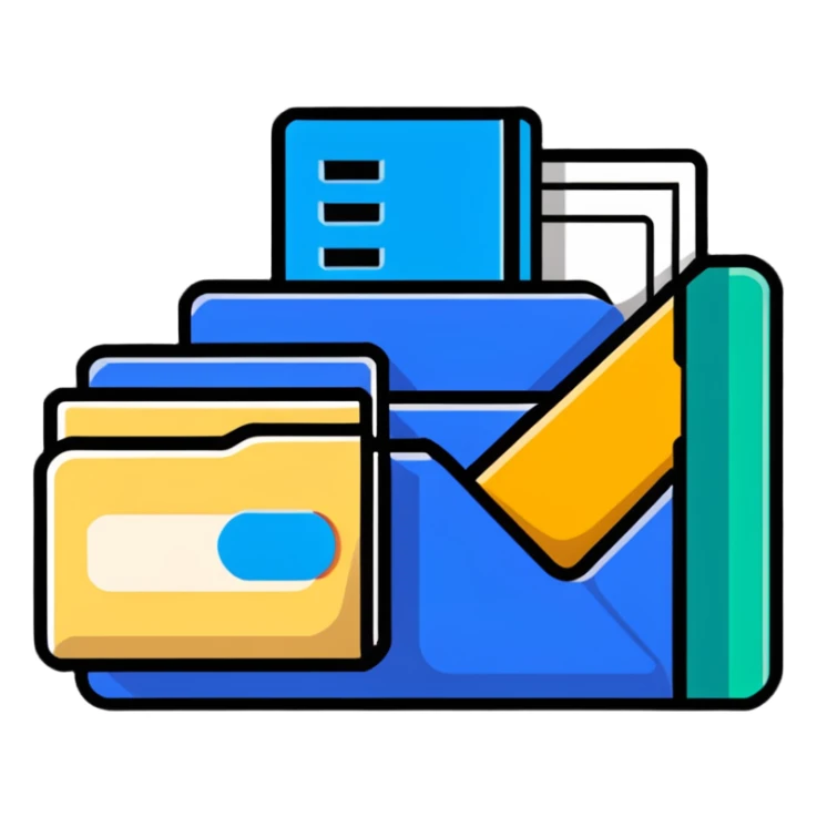 Closed folder icon with small symbols floating around: bank building, credit card, calculator, and document – organized financial archive sticker