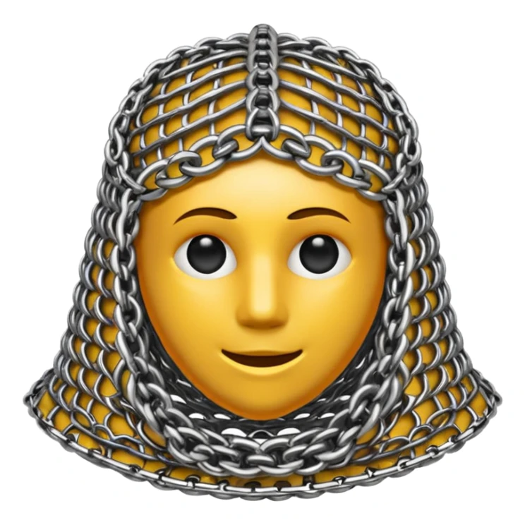 3D render of Medieval Coif, made of interlocking chainmail metal rings, wire mesh texture, visible holes and negative space, metallic silver and grey, high contrast shadows, Apple emoji style, isolated on white background --v 6.0. sticker