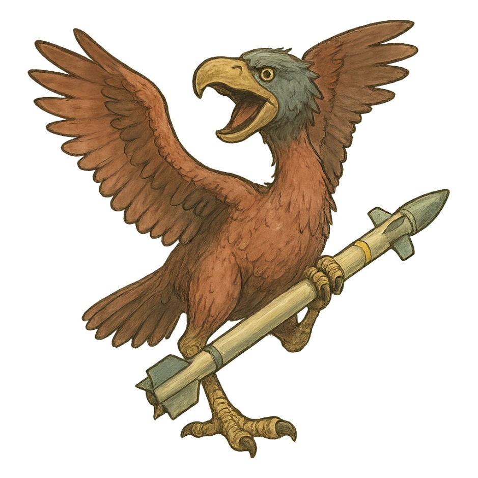 an insignia for a flag: a strange foreign alien bird creature, resembling a prehistoric phorusrhacos, gripping a sidewinder missile in its' powerful claw, standing up on its' other claw, cawing fiercely, wings spread in defiance.
 sticker