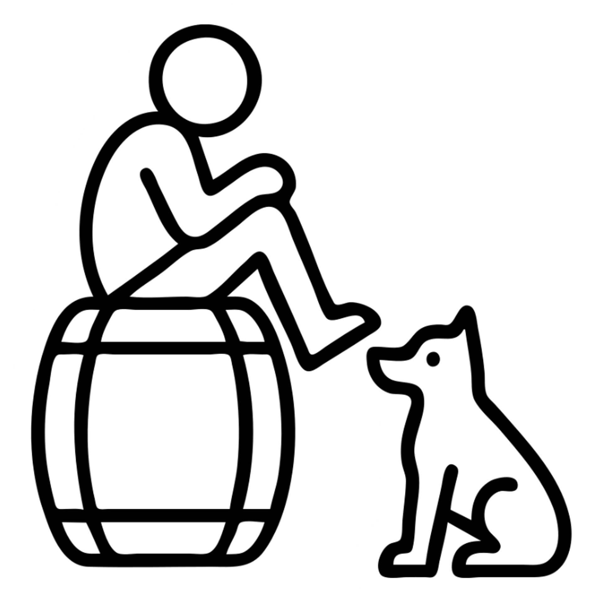 Diogenes sitting in a barrel with a dog nearby, minimalist style sticker