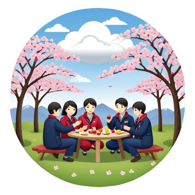 "Multi-department East Asian colleagues in color-coded jackets (navy/crimson/sage) picnic and play under cherry blossoms. Sunlord cloud logo. Circular minimalist style." sticker