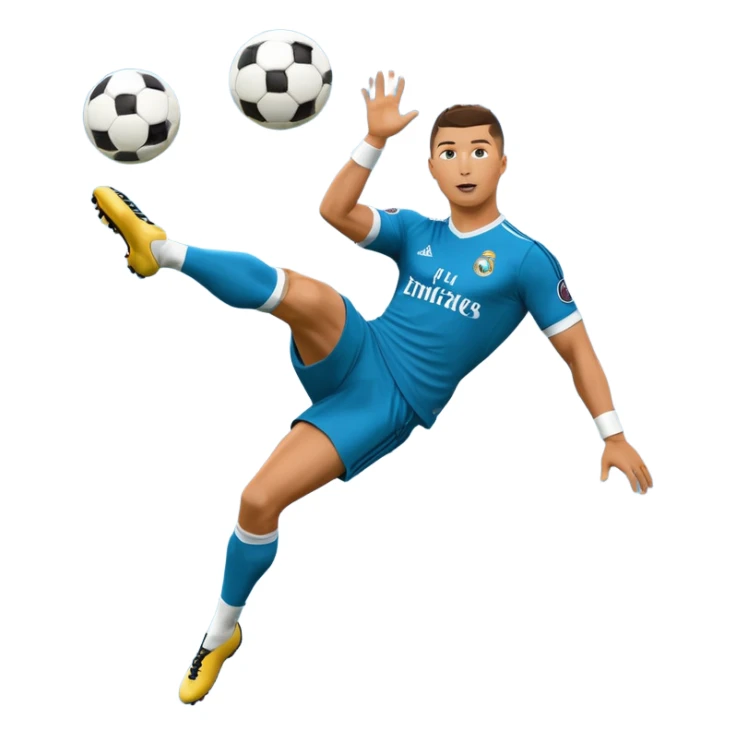 Ronaldo doing a bicycle kick with football in mid air While wearing a Retro blue Real madrid kit and yes i want it to be exactly the same as he Scored it in 2018 vs Juventus and please make it Realistic  sticker