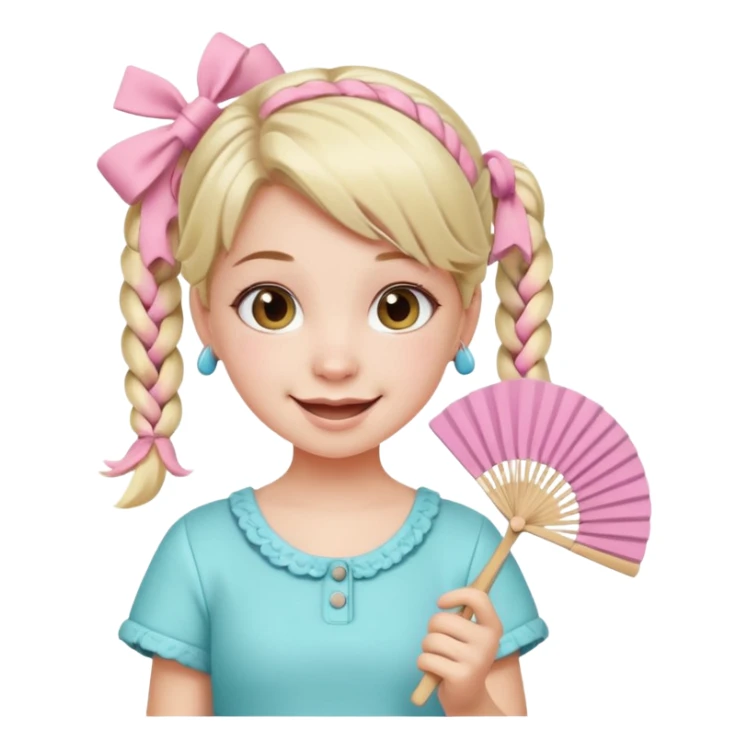 A pigtail girl in modern outfit using a pastel fan with playful expression. sticker