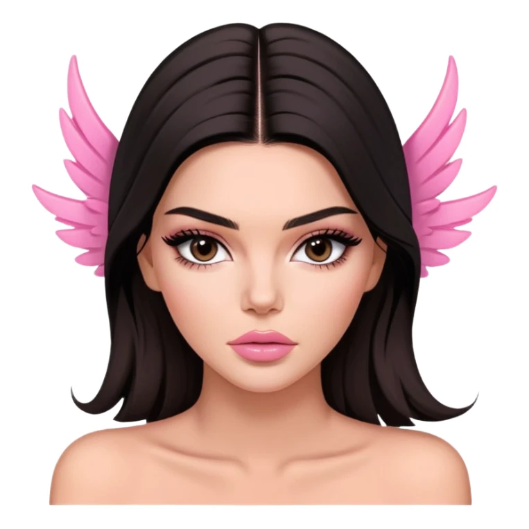 Kendall Jenner model, elongated face, long flowing dark hair, pink glossy lips, pink blush on cheeks, dramatic winged eyeliner, bare shoulders sticker