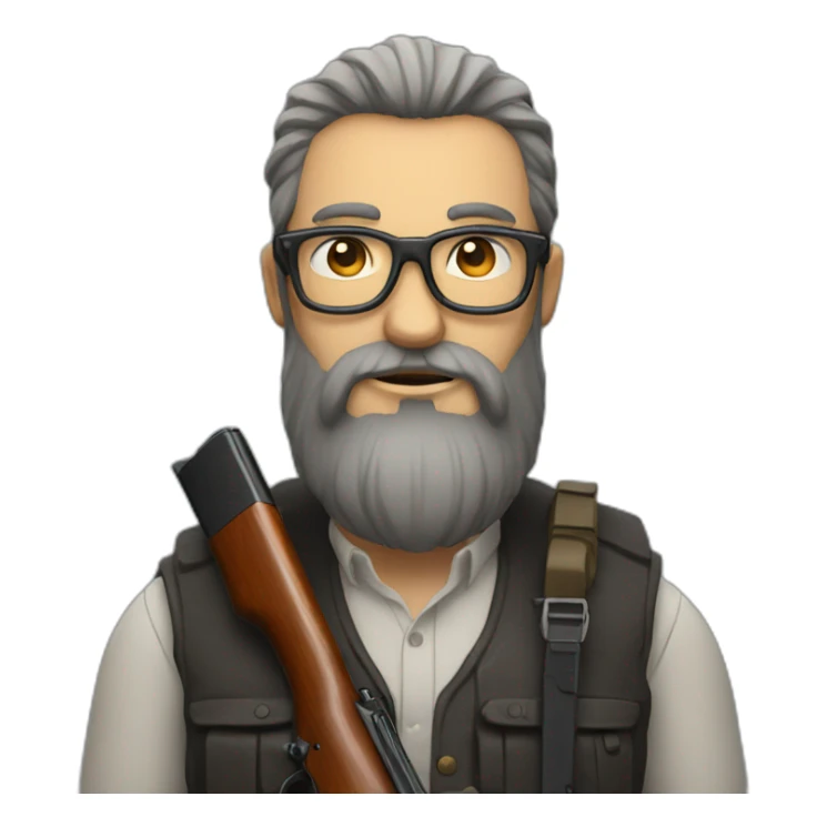 guy with very long beard wearing glasses holding a shotgun sticker