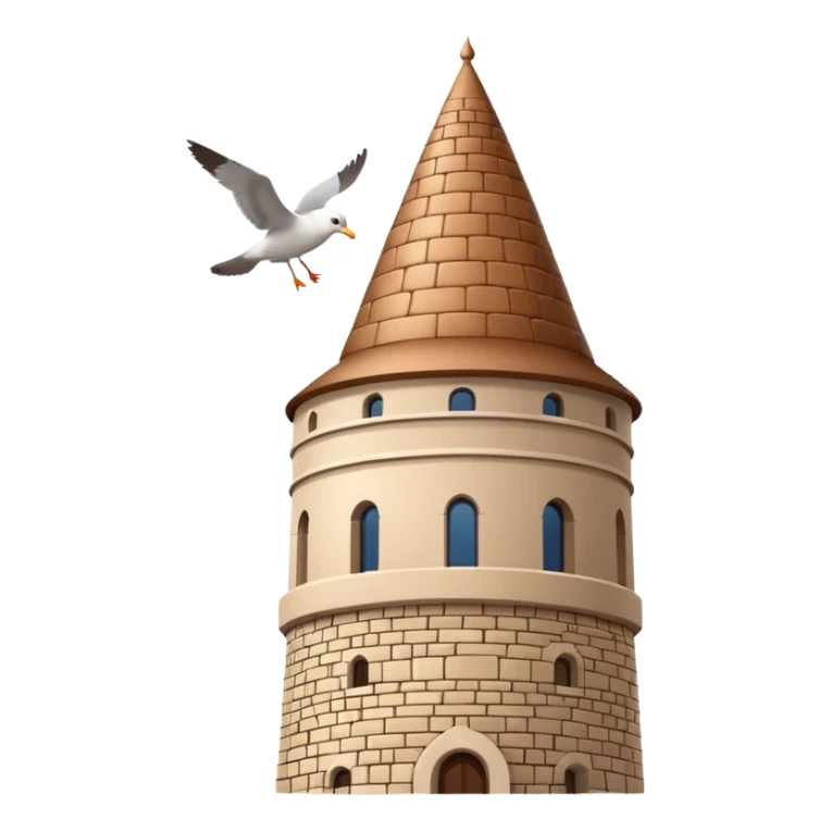 Minimalist smartphone emoji icon of Galata Tower Istanbul. Distinctive conical brown cap, stone texture, small windows. Light blue background, small seagull. Simplified building style. sticker
