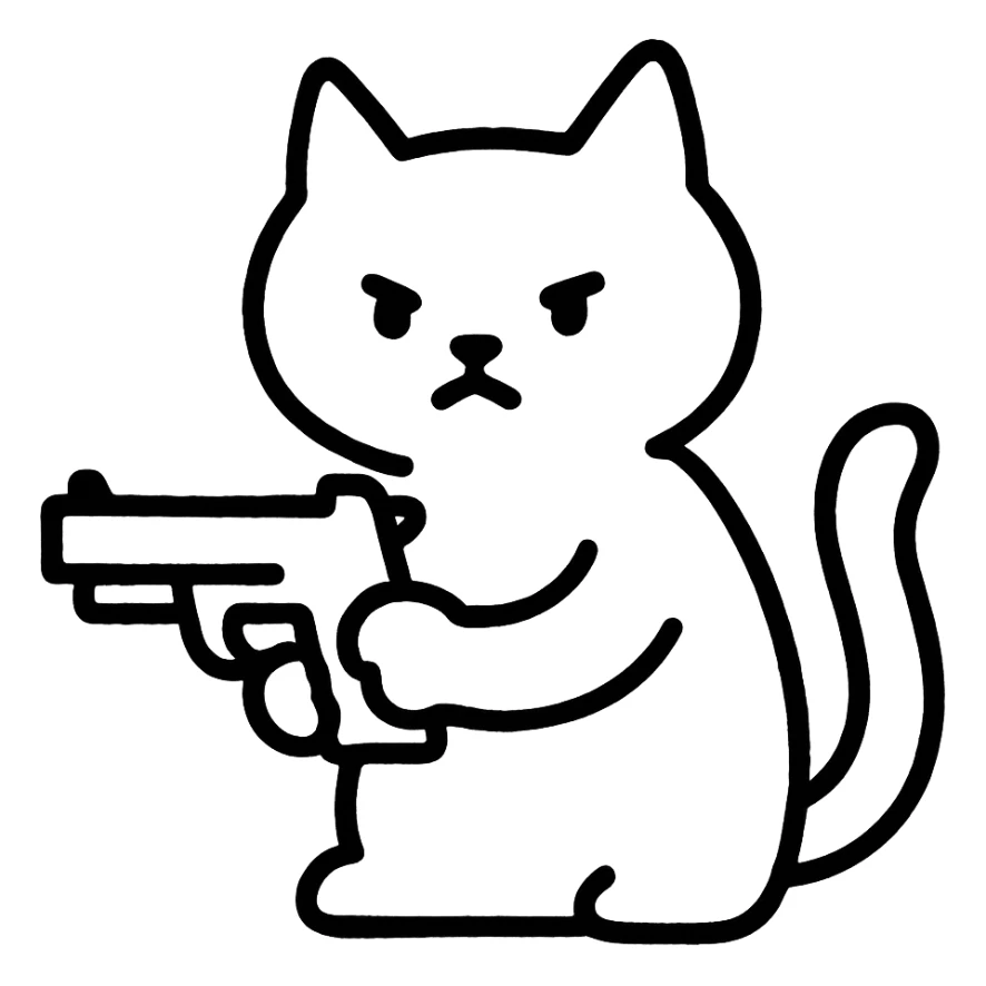 hand-drawn outlined icon of a cat holding a gun sticker
