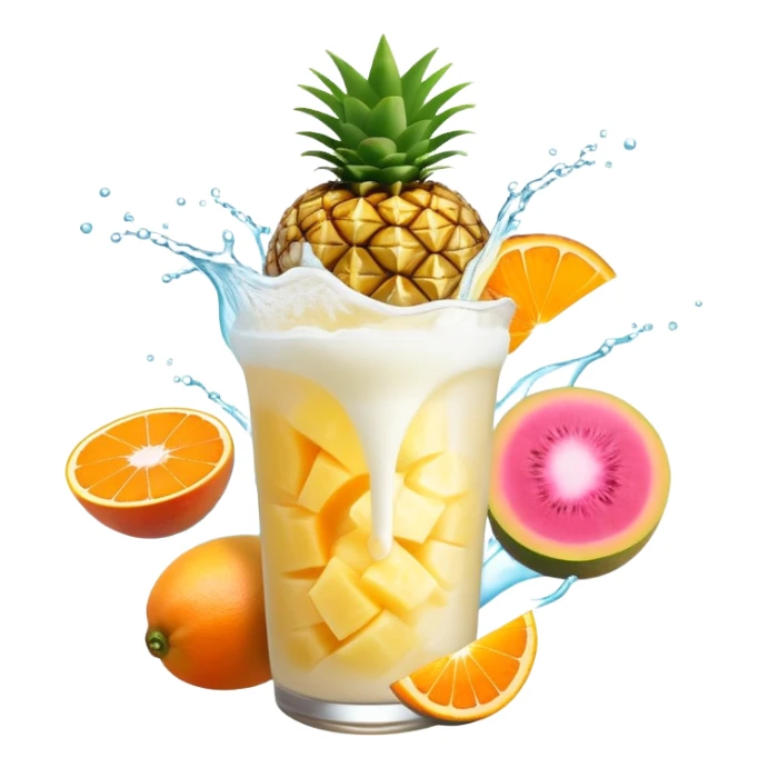 Golden pineapple, orange mango slices, pink papaya pieces, and a swirling white kefir drink floating around a glowing stomach. Light streams flow through the digestive system, showing enzymatic action dissolving blockages. sticker