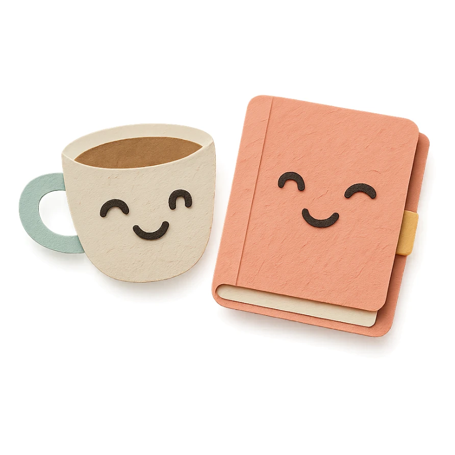 coffee cup and diary notebook with winking faces, soft pastel colors sticker