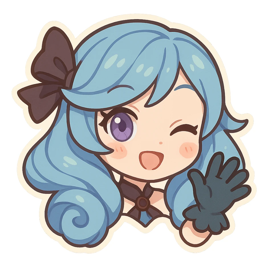 chibi style Gwen from League of Legends, only head, right eye purple, one hand waving with glove, playful expression sticker