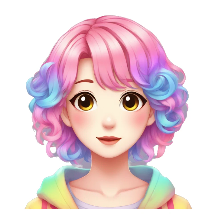 Gorgeous anime style shojo character with blushing face aesthetic and pretty colorful shiny gradient neon rainbow hair with hair garment trending style sticker