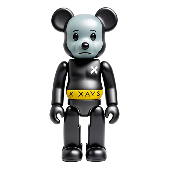 Bearbrick figure with signature KAWS X eyes, simplified toy bear shape with articulated limbs sticker