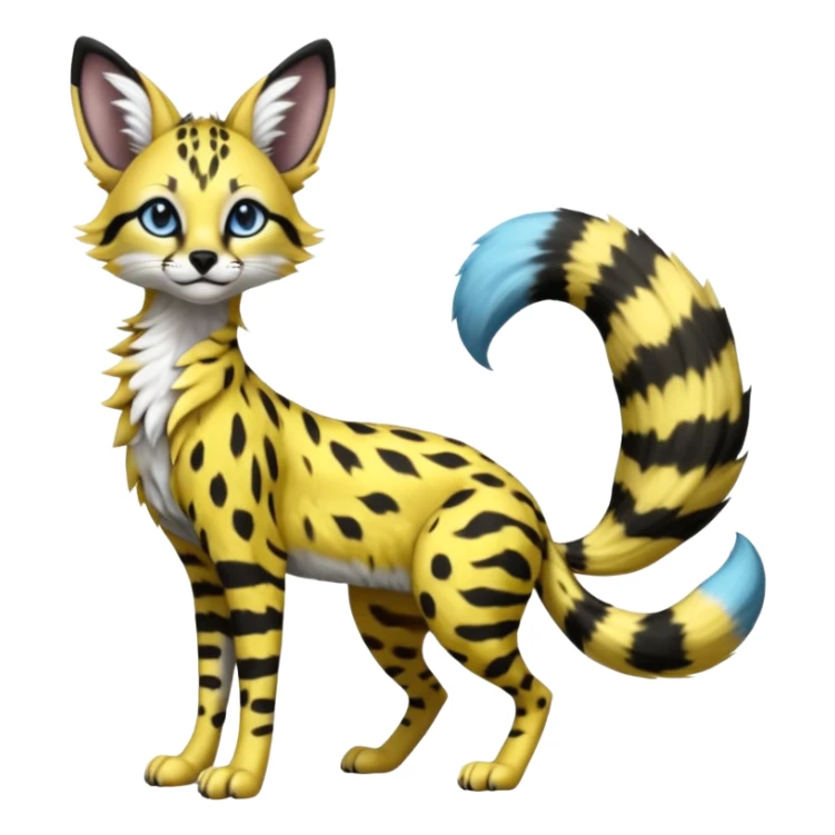 beautiful elegant spotted hype-realistic, black-maned, vibrant yellow Genet-Serval-Sergal-Margay-Fox-fusion-hybrid-furry-fursona, full body, with a long puffy fluffy black-and-white-striped tail, black long big ears, with natural blue eyes sticker