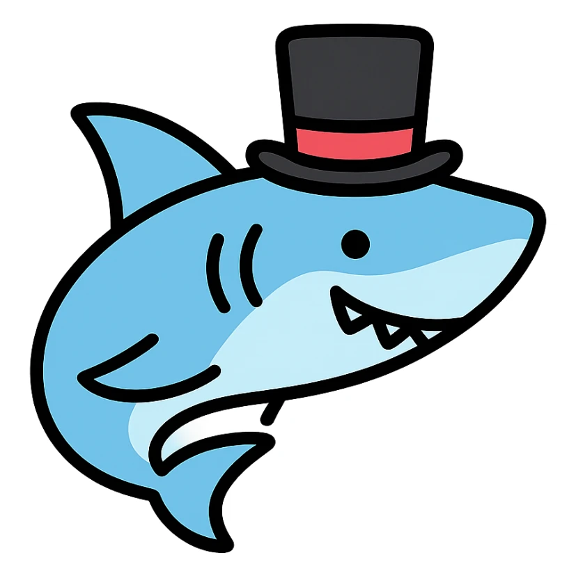 color outline icon of a shark wearing a top hat sticker