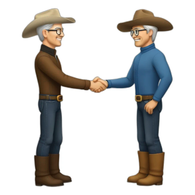 Tim Cook in turtle neck shaking hands with a caucasian cowboy sticker