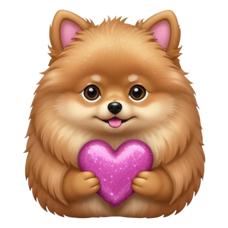 A perfect Tan Pomeranian holding a pink glitter heart  sticker
