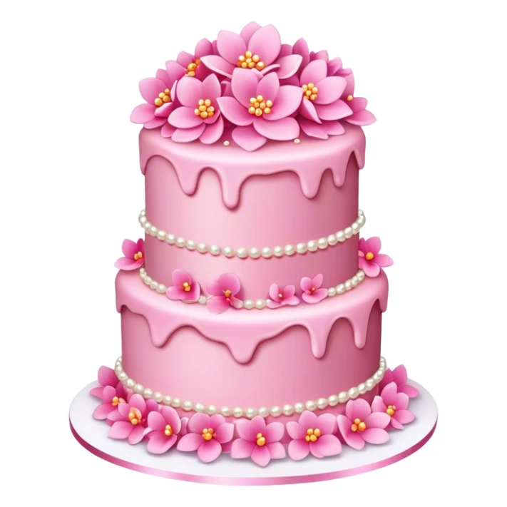 Three layer pink cake adorned with overflowing pink flowers and pearls sticker